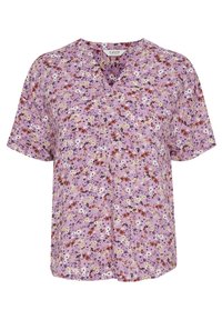 Lilla blomsterbluse med korte ærmer, v-hals og løs pasform. Stoffet har en blød tekstur med små, farverige blomstermønstre.