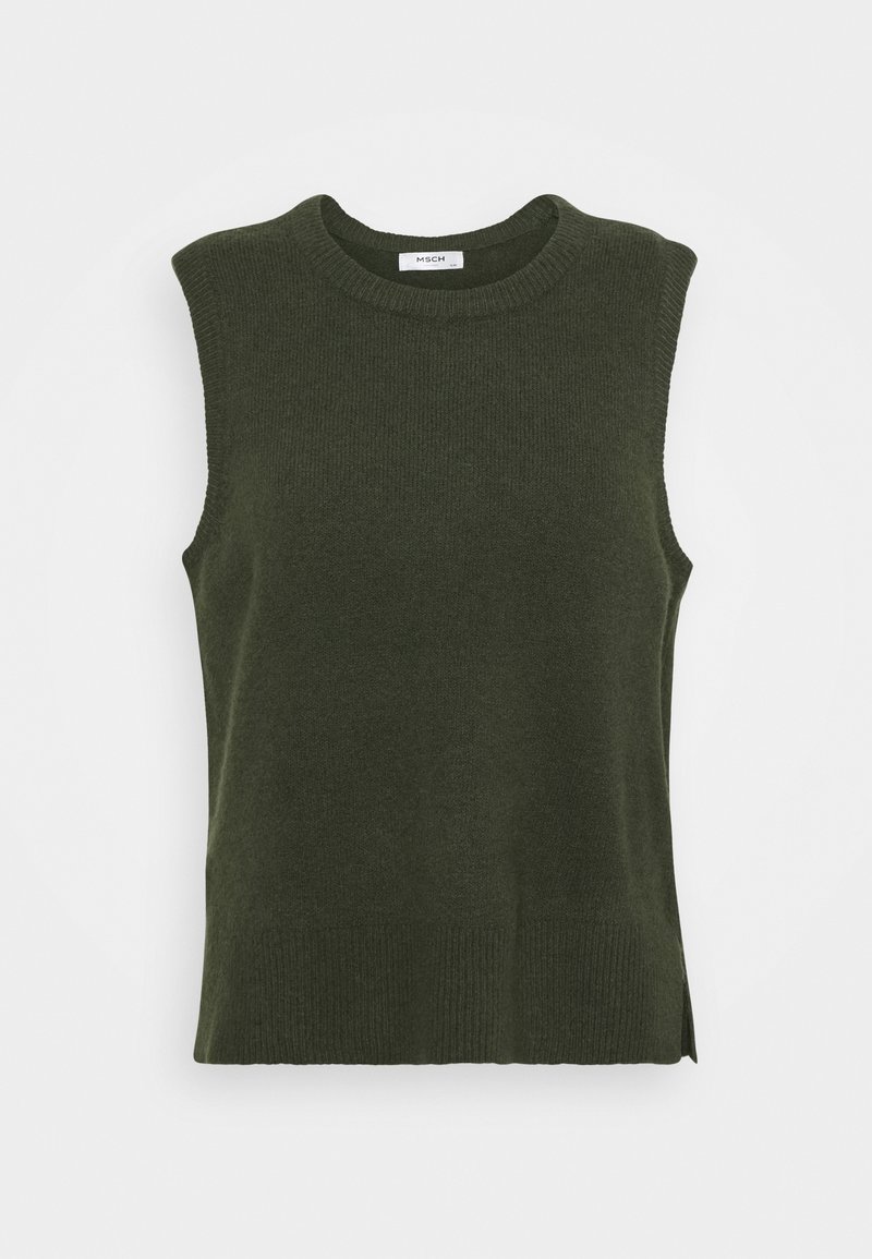 Veste sans manches en tricot vert foncé avec col rond côtelé, emmanchures et ourlet, présentée sur un fond blanc uni.
