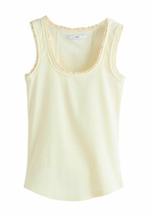 Ærmeløs, lysegul, ribbet tanktop med blonder langs halsudskæringen og ærmegab, mærket "NEXT" på indersiden af kraven.