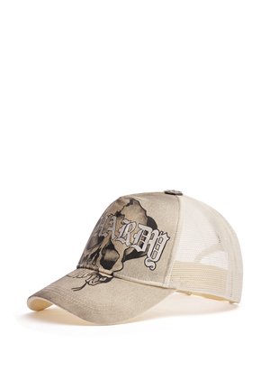 Beige Baseballkappe mit Netzrücken, dunklem Totenkopf-Motiv und gotischem Schriftzug "HARDY" auf dem Frontpanel.