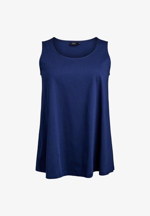 Marineblauw mouwloos topje van zachte katoenstof, met een ronde halslijn en een ontspannen, vloeiende vorm zonder zichtbare patronen.