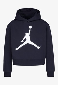 Mornarsko modra skrajšana hoodie, izdelana iz bombaža z mehkobno teksturo. Ima izstopajoč bel Jumpman logo spredaj. Dolgi rokavi z rebrastimi manšetami.