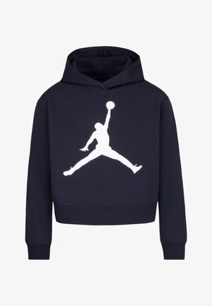 Felpa cropped blu navy in cotone con una texture morbida. Presenta un lampeggiante logo Jumpman bianco sul davanti. Maniche lunghe con polsini a coste.