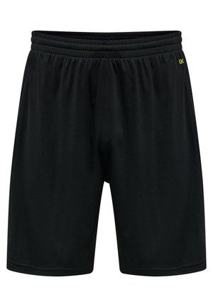 Zwarte sportshorts met een elastische tailleband, een gladde textuur en een klein geel logo aan de voorkant links. Knie-lange ontwerp.