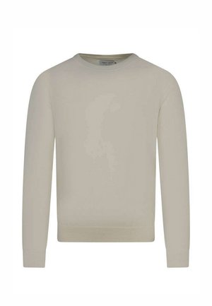 Pull beige à manches longues avec col montant rond, poignets et ourlet côtelés, design uni, logo discret sur la poitrine, présenté sur un fond blanc.