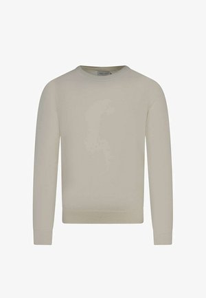 Pull beige à manches longues avec col montant rond, poignets et ourlet côtelés, design uni, logo discret sur la poitrine, présenté sur un fond blanc.