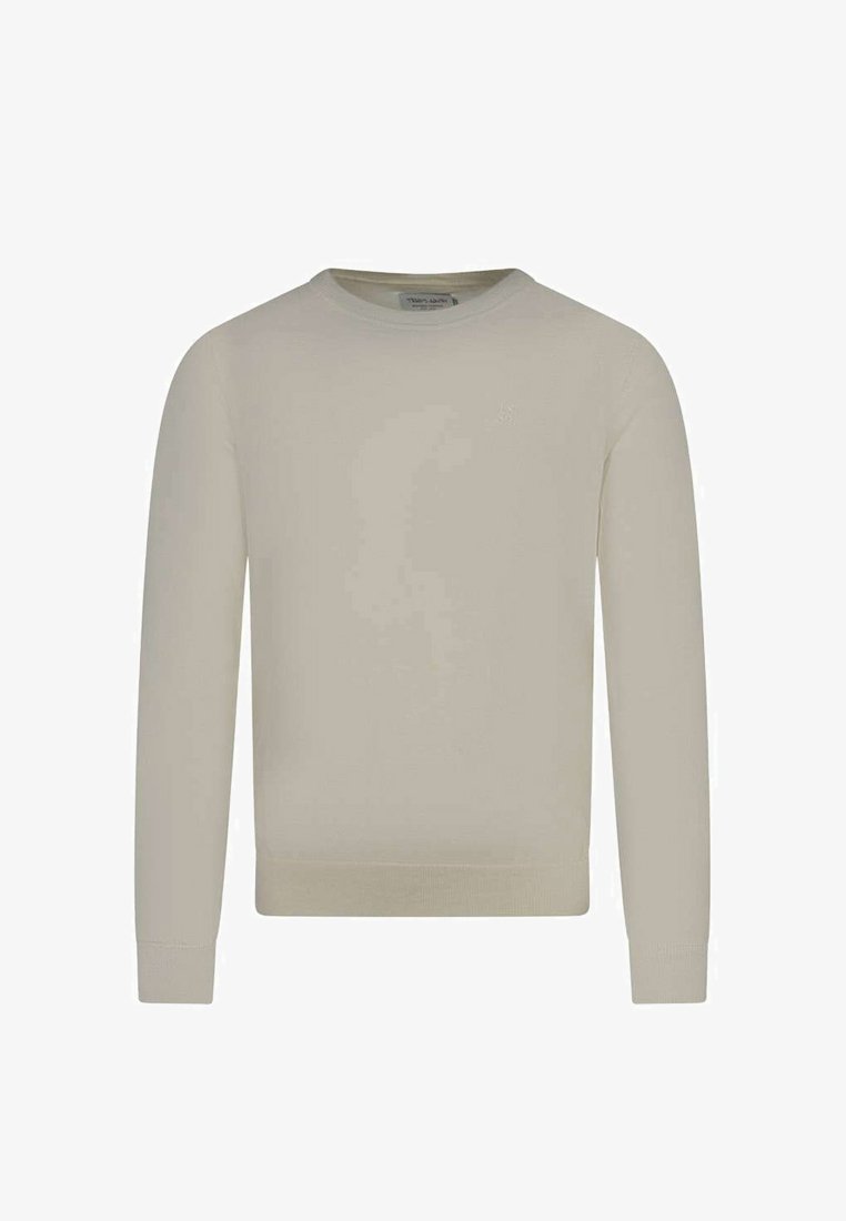 Pull beige à manches longues avec col montant rond, poignets et ourlet côtelés, design uni, logo discret sur la poitrine, présenté sur un fond blanc.