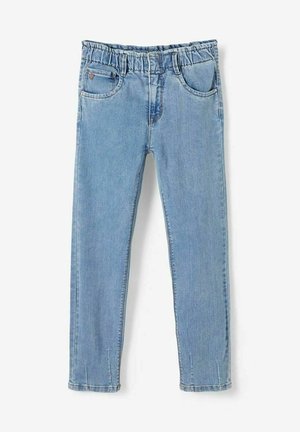 Jean bleu clair à taille élastique, avec poches avant et passants de ceinture, conçu pour une coupe ajustée.