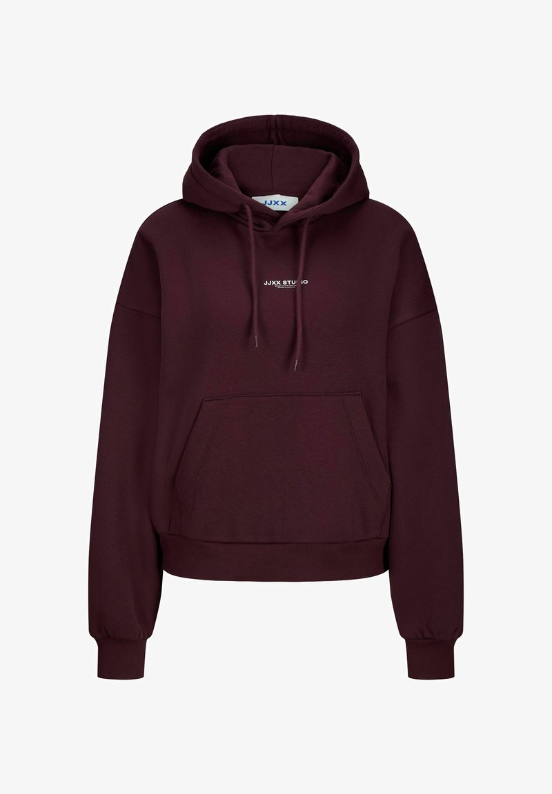 Sweat à capuche bordeaux avec une poche avant, des poignets côtelés et un petit logo blanc sur la poitrine. Matière en mélange de coton doux.