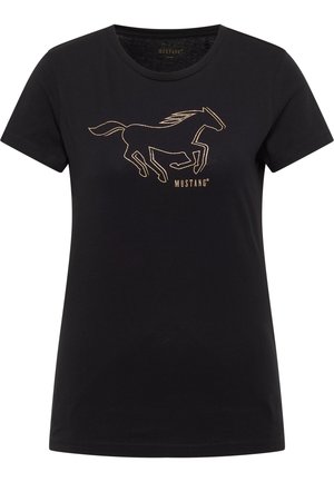 Fekete pamut póló, arany színű kontúrral, amely egy futó lovat ábrázol, alatta a "MUSTANG" logóval. Rövid ujjú, kerek nyakú kialakítás.