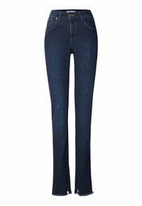 Mørkeblå jeans med høj talje og lige ben, forlommer, knaplukning og rå kant nederst.