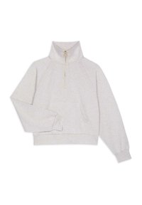Hellgrauer Reißverschluss-Sweatshirt mit hohem Kragen, Raglanärmel und einer Fronttasche. Hergestellt aus weichem Stoff mit einer leicht strukturierten Oberfläche.