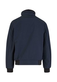 Navyblaue Jacke, der Stoff ist glatt, verfügt über einen hohen Kragen, elastische Bündchen und einen gestrickten Bund. Keine sichtbaren Logos oder Akzente.