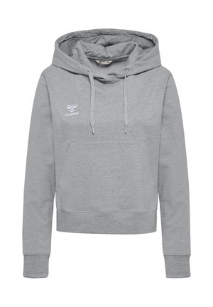 Jasnoszara krótka bluza z długim rękawem z kapturem, ze sznurkami, przednią kieszenią, ściągaczami na rękawach i małym białym logo Hummel na piersi.