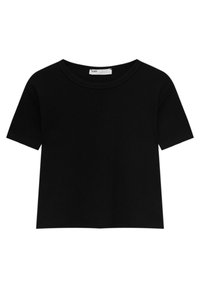 T-shirt noir à manches courtes avec un col rond, en tissu côtelé, présentant un ourlet droit et sans motifs ni accents visibles.