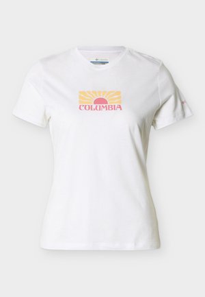 White short-sleeve crew neck t-shirt with a yellow and pink sun graphic and "Columbia" text on the chest, and small logo on the left sleeve.