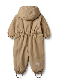 Khaki-colored insulated jumpsuit with elastic cuffs and waistband. Features a rounded hood and two side rings near the ankles. Textured fabric.