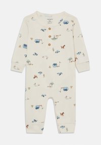 Kremfarget baby body laget av mykt materiale, med knappet halslinning og blå og brune gård-tema trykk overalt.