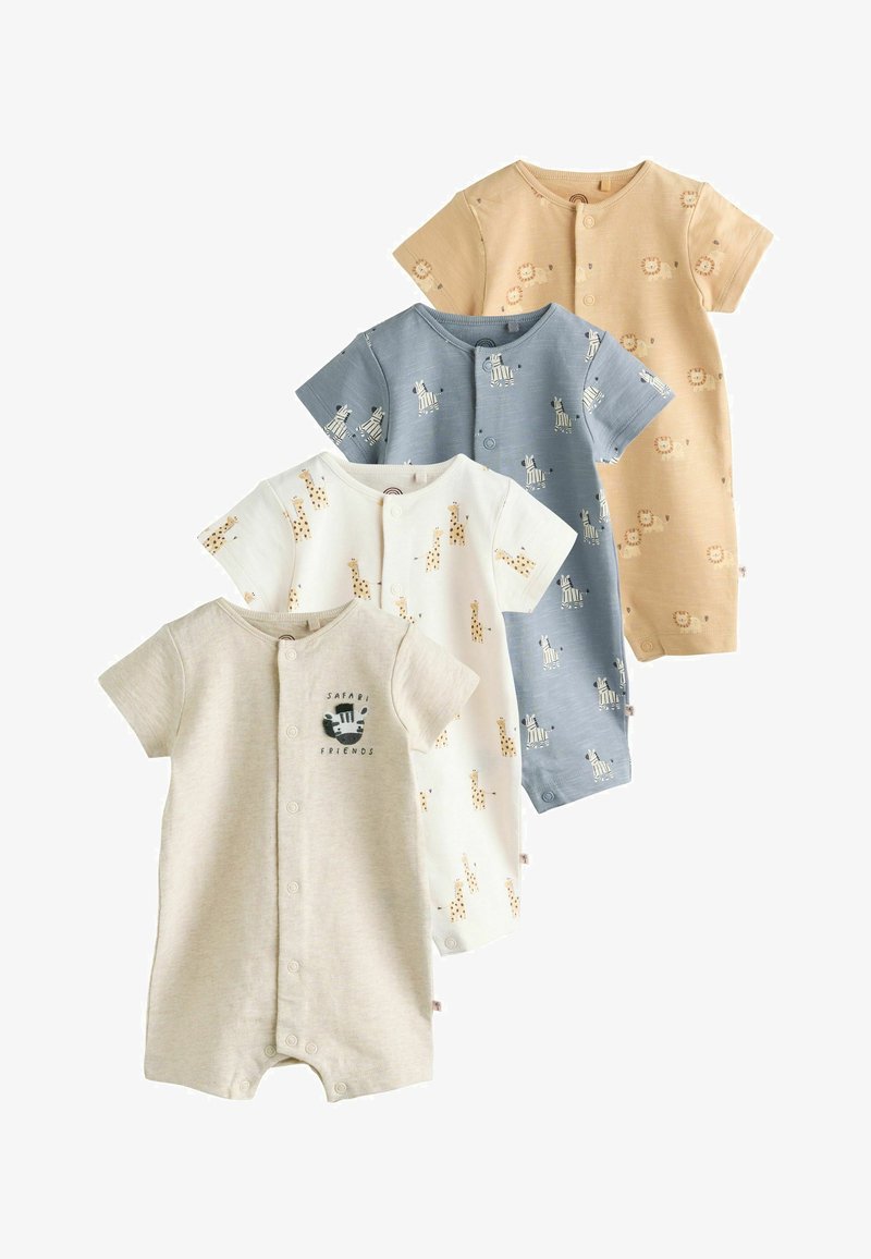 Četiri baby romper dizajna s kratkim rukavima u bež boji, bijeloj s žirafama, plavoj sa zebrama te žutoj sa lavovima, s kopčama sprijeda.