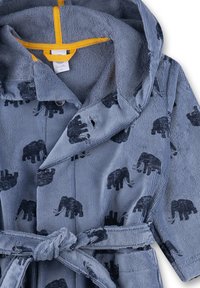 Kapuzenbademantel aus weichem blauem Stoff, mit strukturiertem Oberflächen und schwarzen Elefantenmustern, ausgestattet mit einer gelben Schlaufe am Ausschnitt und einem passenden Gürtel.