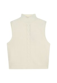 Suéter sin mangas color crema con cuello alto, bordes acanalados y un detalle de punto trenzado que corre verticalmente por la parte de atrás. Tejido suave.