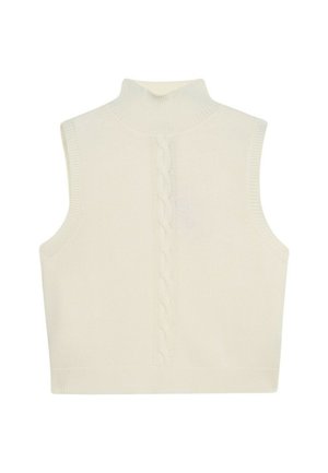 Cream sleeveless turtleneck sweater with ribbed edges and a cable knit detail running vertically along the back. Soft knit texture.