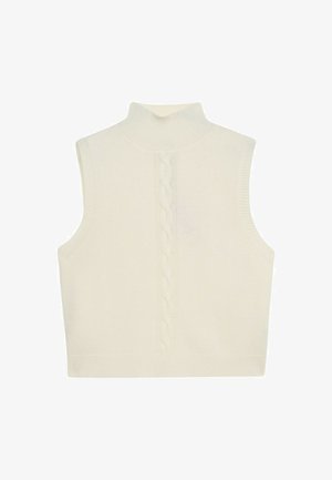 Cremfarbener ärmelloser Rollkragenpullover mit gerippten Kanten und einem senkrecht verlaufenden Kabelstrickmuster entlang des Rückens. Weiche Stricktextur.