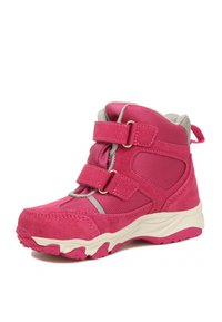 Rosa hohe Stiefel aus Wildleder und Textil, mit doppelten Riemen, grauen Akzenten und einer strukturierten Gummisohle für bessere Traktion.