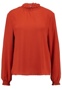 Blouse rouge à manches longues avec un col haut smocké et des poignets froncés. Tissu doux, coupe décontractée et design minimaliste.
