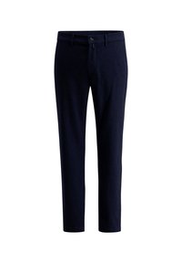 Marineblaue Hosen aus strukturiertem Stoff, mit geradem Schnitt, Fronttaschen und einem Knopfverschluss an der Taille.