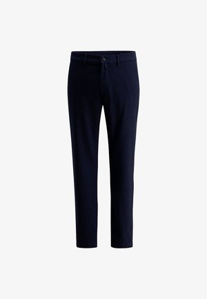 Navyblauwe broek van textuurstof, met een rechte snit, voorzakken en een knoopsluiting bij de taille.