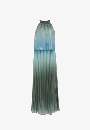 Robe longue plissée sans manches avec un col licou, présentant un dégradé allant du bleu clair en haut au bleu plus foncé en bas.