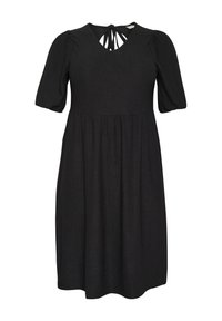 Zwarte jurk met een getextureerde stof, korte puffmouwen en een V-hals. Heeft een uitsnijding op de rug en een vloeiende rok.