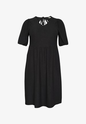 Mustaan mekko, jossa on tekstuurinen kangas, lyhyet puffihihat ja V-pääntie. Takana on leikattu detalji ja voi olla liehuva helma.