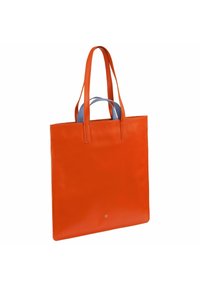 Orange leather tote bag with two long handles. Smooth texture, rectangular shape, and a subtle blue accent on the inner handle.