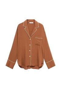 Camicia button-up marrone con piping bianco, maniche lunghe, taschino sulla parte sinistra del petto, tessuto testurizzato e vestibilità comoda.