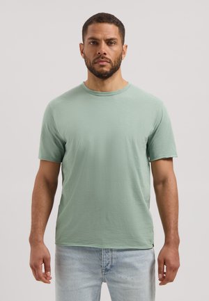 Man met kort donker haar en baard, gekleed in een lichtgroen T-shirt met korte mouwen en lichtblauwe spijkerbroek, staand tegen een effen achtergrond.