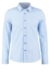 Camicia a maniche lunghe azzurro chiaro con colletto button-down, bottoni blu scuro e colletto interno a scacchi. Tessuto in cotone liscio.