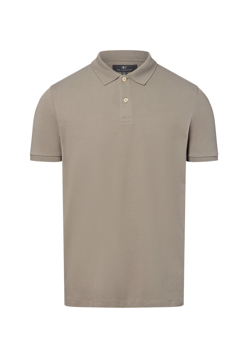 Beige Poloshirt aus strukturiertem Material, mit einem spitzen Kragen und drei Knöpfen am Ausschnitt. Kurzarm.