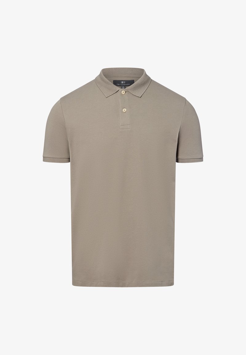 Beige Poloshirt aus strukturiertem Material, mit einem spitzen Kragen und drei Knöpfen am Ausschnitt. Kurzarm.