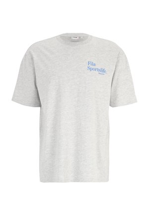 Grijze katoenen t-shirt met korte mouwen. Kenmerkt een blauw "Fila Sportslife" logo aan de voorkant. Klassiek crewneck ontwerp.