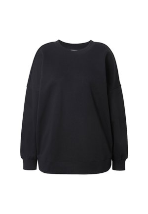 Schwarzer Pullover aus weichem Stoff, mit entspanntem Schnitt, Rundhalsausschnitt und langen Ärmeln mit gerippten Bündchen. Nahtloses Design ohne Muster.