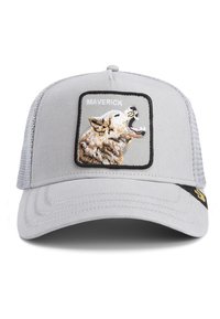 Gray baseball cap with mesh sides featuring an embroidered wolf design in a rectangular patch. Text reads "MAVERICK" above the wolf.
