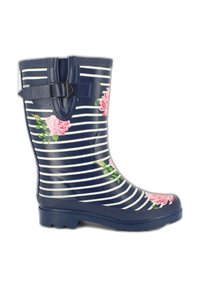 Navy rubberen regenlaarzen met witte strepen, roze bloemenpatronen, verstelbare gespsluiting en gestructureerde zolen voor grip.