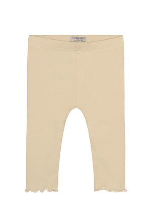 Beige baby leggings met een elastische tailleband en gerimpelde rand, ontworpen voor baby’s van 6-12 maanden door Noppies.