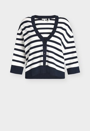 Gestreifte Strickjacke mit V-Ausschnitt, Dreiviertelärmeln, navyblauen und weißen horizontalen Streifen, Vorderknöpfen und einem verkürzten Schnitt.