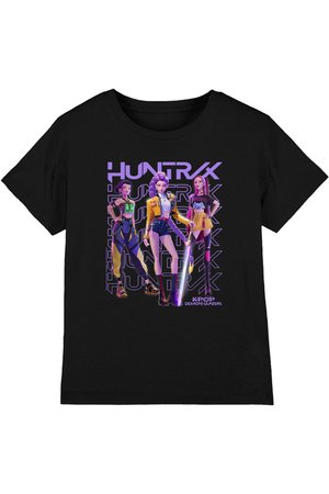 Black t-shirt featuring three animated female characters with futuristic outfits and glowing swords, text "HUNTRX" and "KPOP DEMON-HUNTERS."