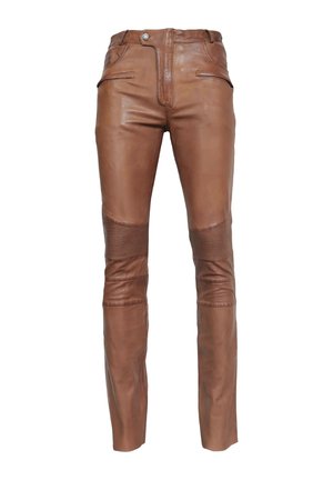 Bruine leren broek met een slim fit, voorzien van twee voorzakken, een gestructureerd kniekussen en een gladde afwerking op de bovenbenen.