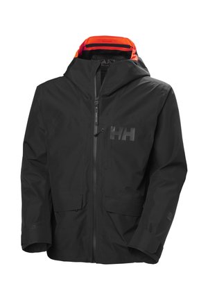 Zwarte waterdichte jas met capuchon, ritssluiting aan de voorkant, twee voorzakken en een feloranje voering in de capuchon, met het "HH"-logo op de borst.