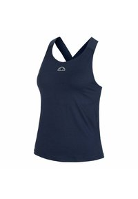 Marineblauw tanktop van ademend materiaal, met een ronde hals en kruisbanden op de rug. Logo op de borst. Gladde textuur.